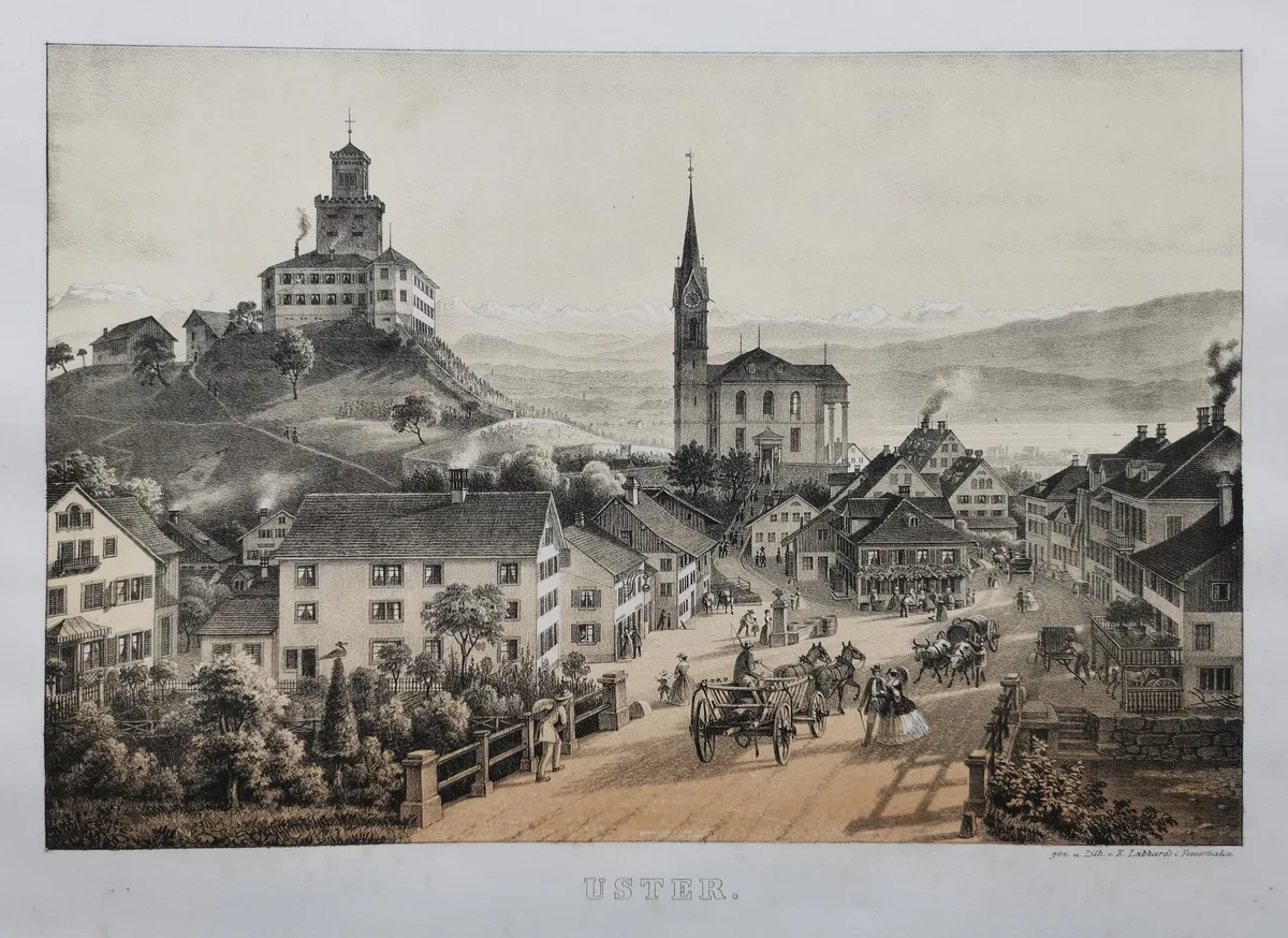 Stich der reformierten Kirche in Uster um 1840.
